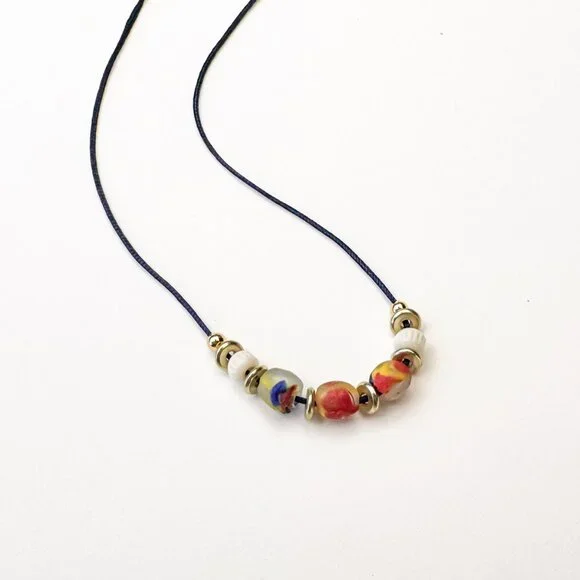 Recycled Glass Bead Necklace Ghana Satin Cord Colourful Minimalist Boho - Picture 3 of 9